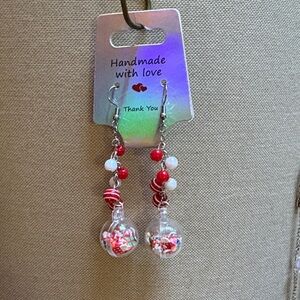 Handmade Red and White Beaded Earrings